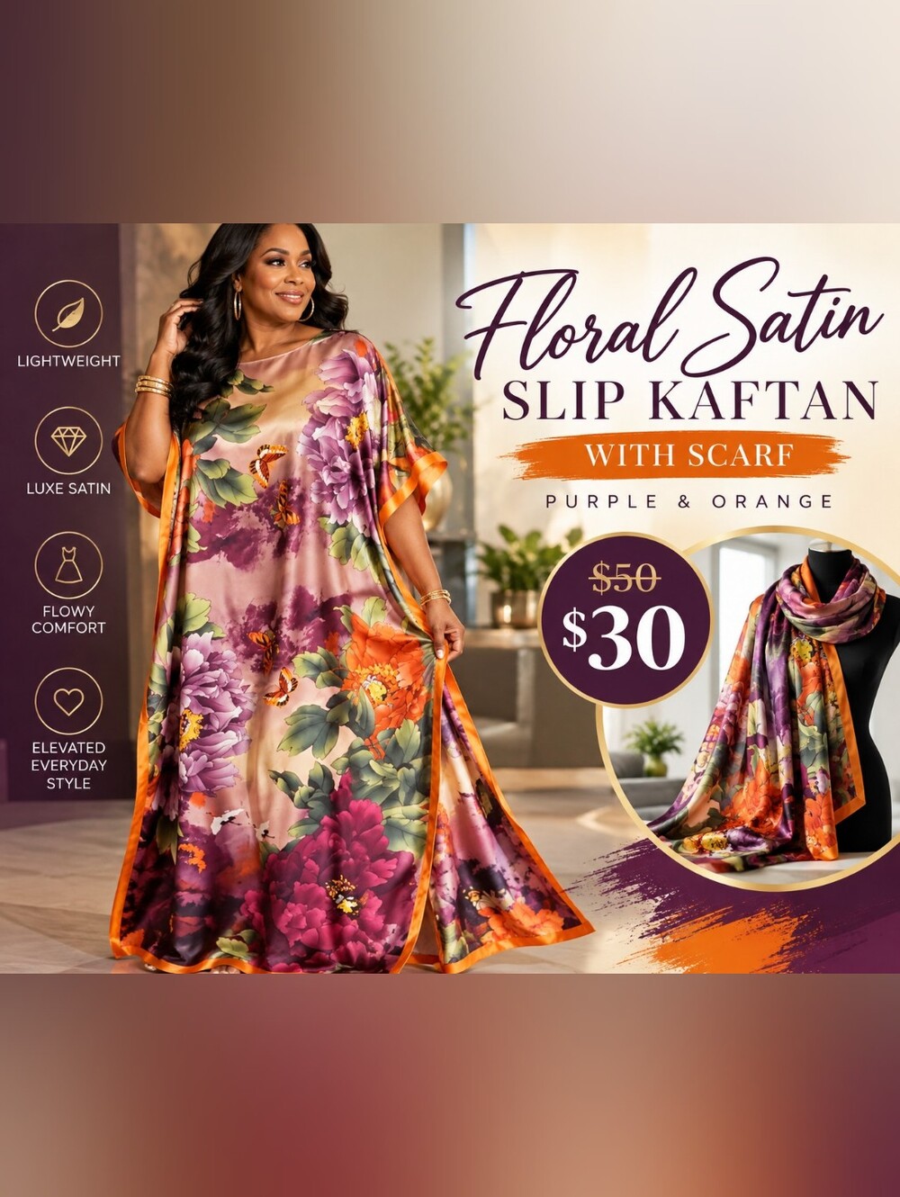 Floral Satin Slip Kaftan with Scarf - Purple & Orange